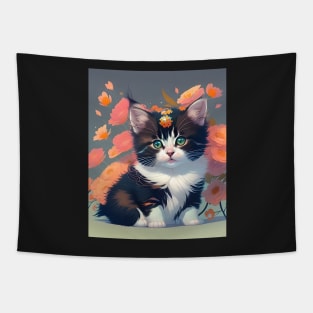 Beautiful Calico Kitten with Flowers - Modern Digital Art Tapestry