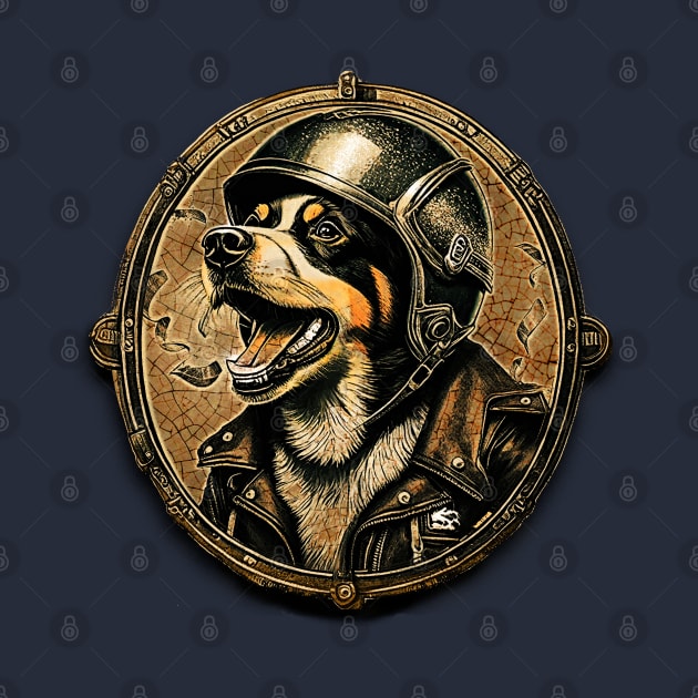 Dog with Motorcycle helmet by Midcenturydave