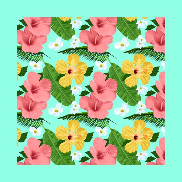 Tropical Hibiscus and Palm Fronds in Teal by ChaneyAtelier