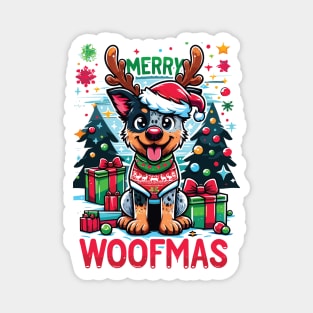 Merry Woofmas - Cartoon Reindeer Blue Heeler Puppy Christmas Magnet