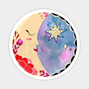 Mexican moon with folk flowers and stars Magnet