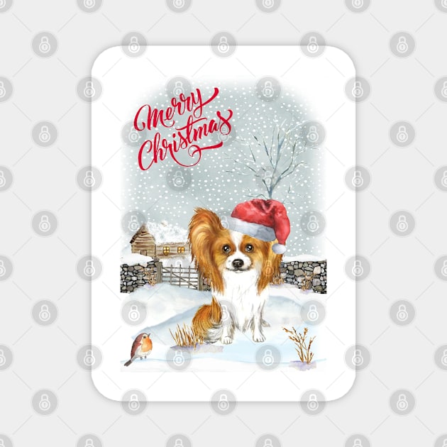 Cute Papillon Merry Christmas Santa Dog Magnet by Puppy Eyes