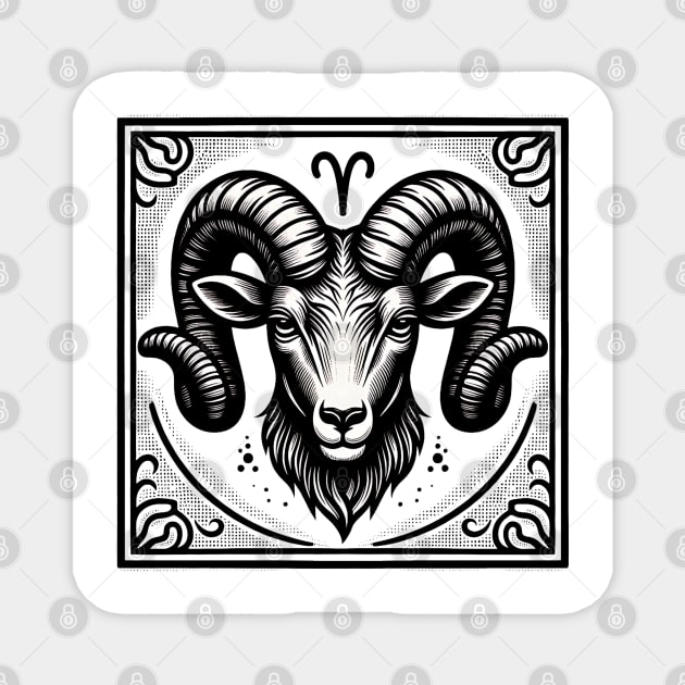 Aries Zodiac Sign: Retro Woodcut Style Illustration Magnet by Pixel Threads 