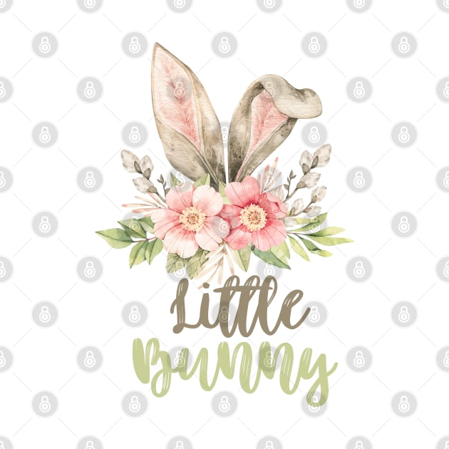 Little Bunny with Watercolor Grey Bunny Ears and Flowers by Patty Bee Shop