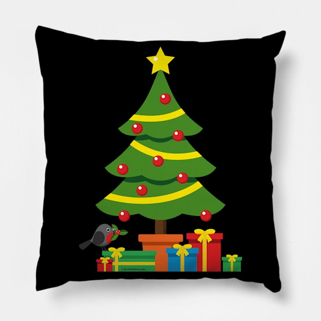 Robin And Colorful Presents Under The Christmas Tree Pillow by BirdAtWork