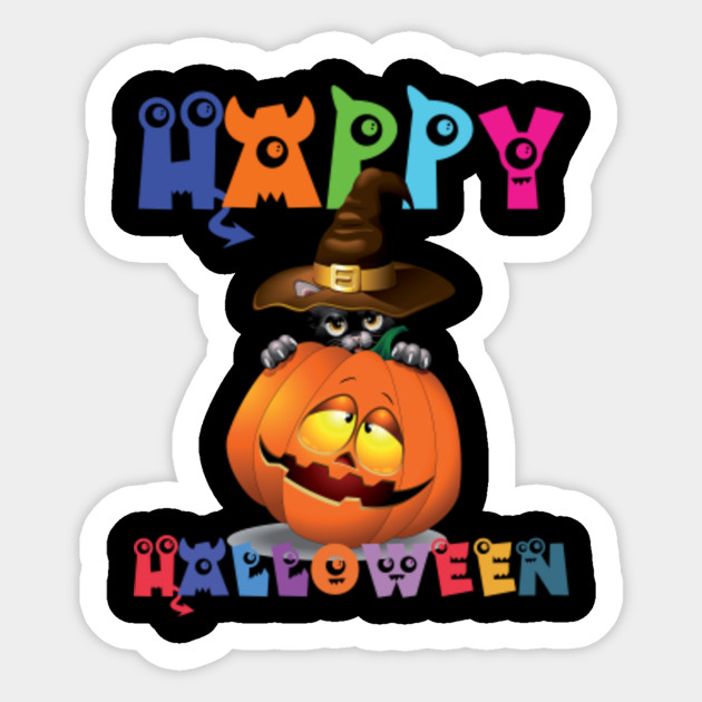 Happy Halloween Funny Witch Cat With Pumpkin Halloween Sticker