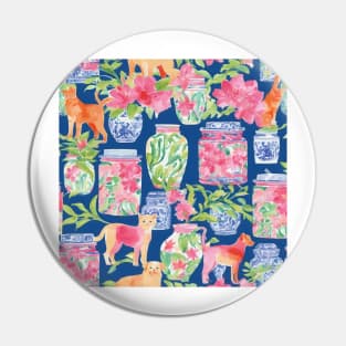 Cats, dogs and chinoiserie jars on navy blue Pin