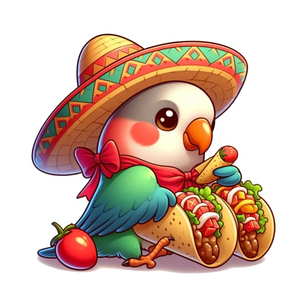 cute love birds are eating Mexican specialties, Tacos, Burritos, Enchiladas, Quesadillas, Guacamole, Fajitas, Chiles Rellenos, Tamales, Mole, Chilaquiles, by art poo