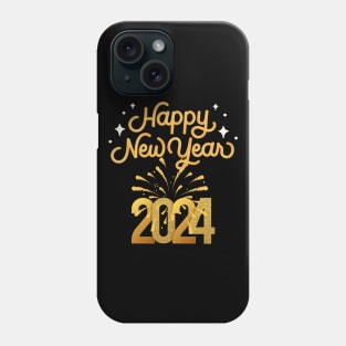 Happy New Year 2024 Gold Letters, Fireworks Design Phone Case