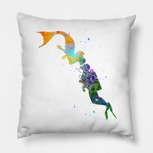 Mermaid kissing a sea diver Pillow