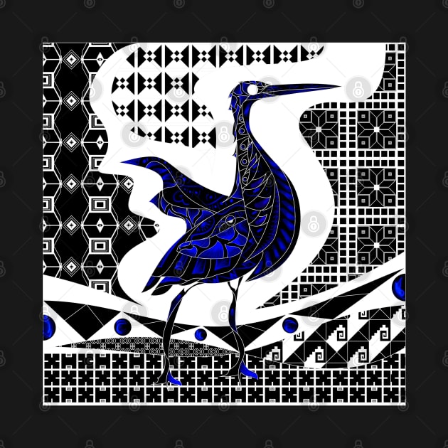 blue heron agami bird in black talavera patterns in mexican wallpaper ecopop by jorge_lebeau