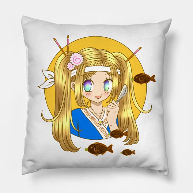 Kawaii Ramen Girl with Spoon Pillow by Fizzy Vee