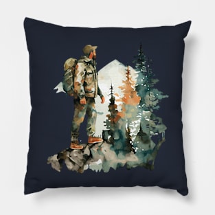 Trailblazing Adventures Watercolor Style Hiking Scene Pillow