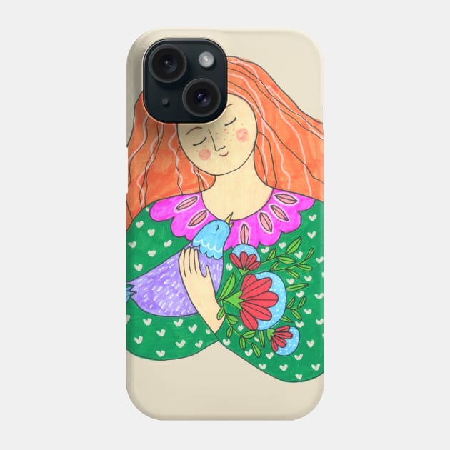 Girl Bird Flowers Phone Case by DoodlesAndStuff