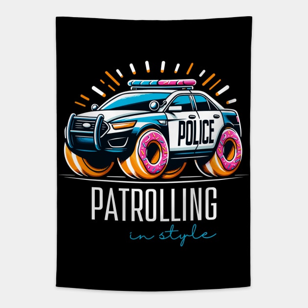 Patrolling in Style Doughnut Police Car Law Enforcement Appreciation Day Tapestry by Xeire