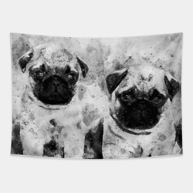 Pug Puppies. Dog Watercolor Portrait black and white 01 Tapestry by SPJE Illustration Photography