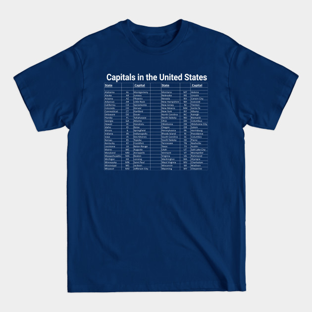 Disover List of Capitals in the United States - Trivia Help - Capital Cities - T-Shirt