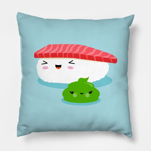 Best Friends Kawaii Sushi Nigiri Illustration for Kids Pillow by Piakolle