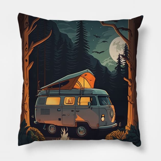 Camping Adventure in the Forest, Campire at Night Pillow by dukito