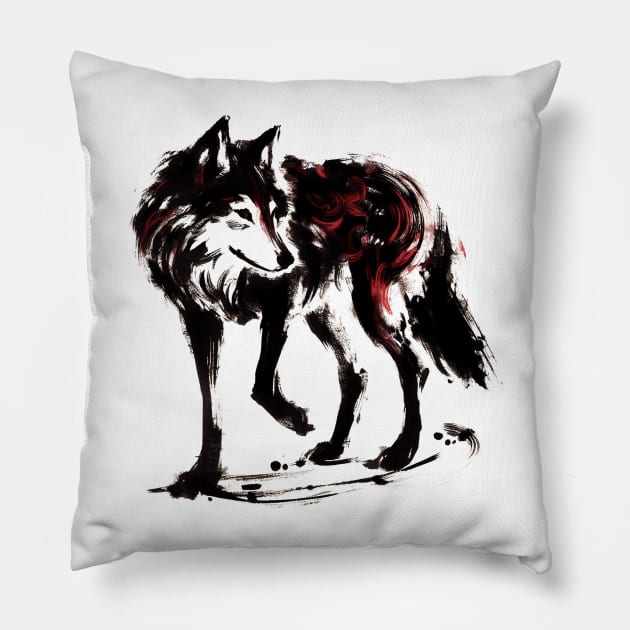 Chinese Style Ink Wolf Pillow by T-Shirt Paradise