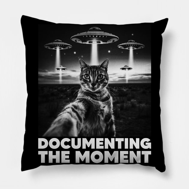 Selfie of Cat And Aliens UFO, Documenting The Moment, Funny Cat Pillow by Megadorim