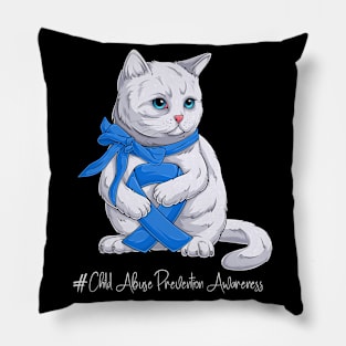 Cute Cat Child Abuse Prevention Awareness Month Blue Ribbon Survivor Survivor Gift Idea Pillow