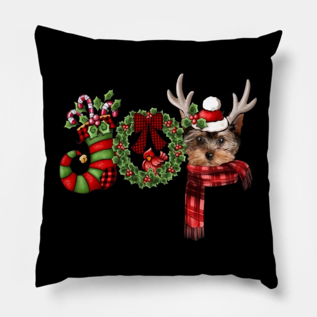 Christmas Joy Dwarf Stocking Reindeer YorkShire Terrier Pillow by Marcelo Nimtz