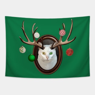 Festive White Catalope Portrait with Christmas Ball Ornaments Tapestry