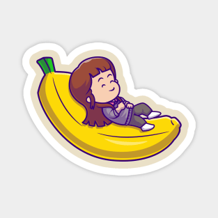 Cute Girl Sleeping On Bananas Cartoon Magnet