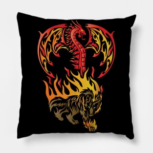 Tribal / Tattoo Art Style Flaming Dragon and Wolf Pillow