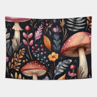 Red Mushroom Orange Flowers Green Leaves Tapestry