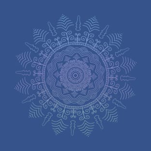 Mandala in Purple, Green and Blue Tones on a Dark Blue Background T-Shirt