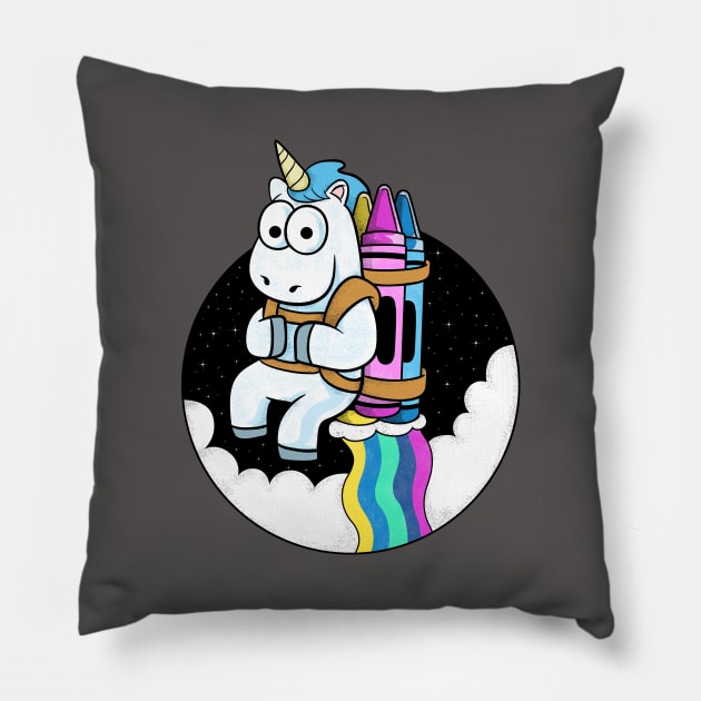 Cute Unicorn rocket rainbow crayon Pillow by daizzy