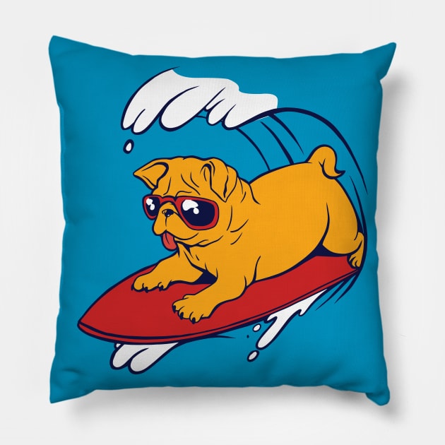 Cool Pug on Boogie Board Pillow by SLAG_Creative