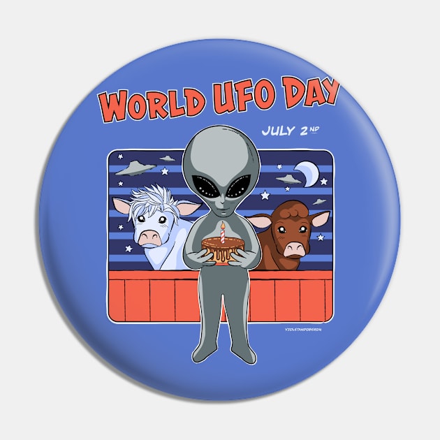 World UFO Day cute alien with cake and cows orange Pin by VioletAndOberon