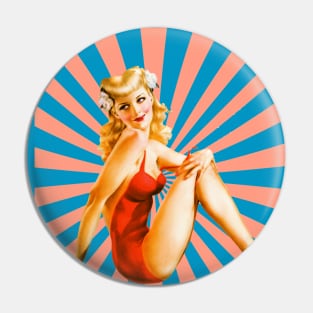 Blonde Pin-Up Girl in Red Graphic Design Pin