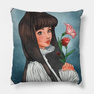 Cute Long black hair girl with flowers and innocent look with background Pillow