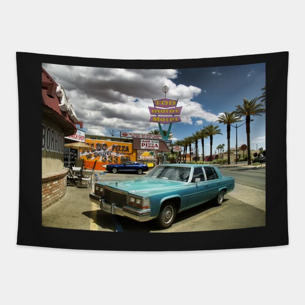 Vintage Cadillac parked in Las Vegas, neon sign of Tod Motor Motel, Las Vegas Tapestry by Reinvention