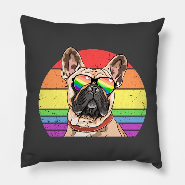 LGBTQ French Bulldog Dog Retro Rainbow Love Pride Pillow by TheBeardComic