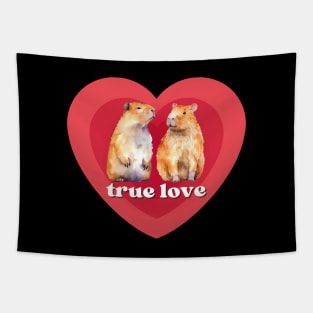 Two Cute Capybaras in Love, Surrounded by Red Hearts. Perfect for Capybara Lovers Tapestry