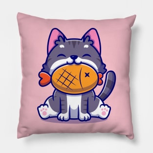 Cute Cat With Fish Cartoon Pillow