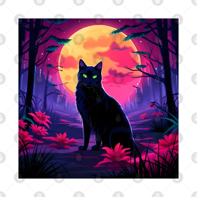 BLACK CAT IN THE NIGHT COLORFUL by Rightshirt