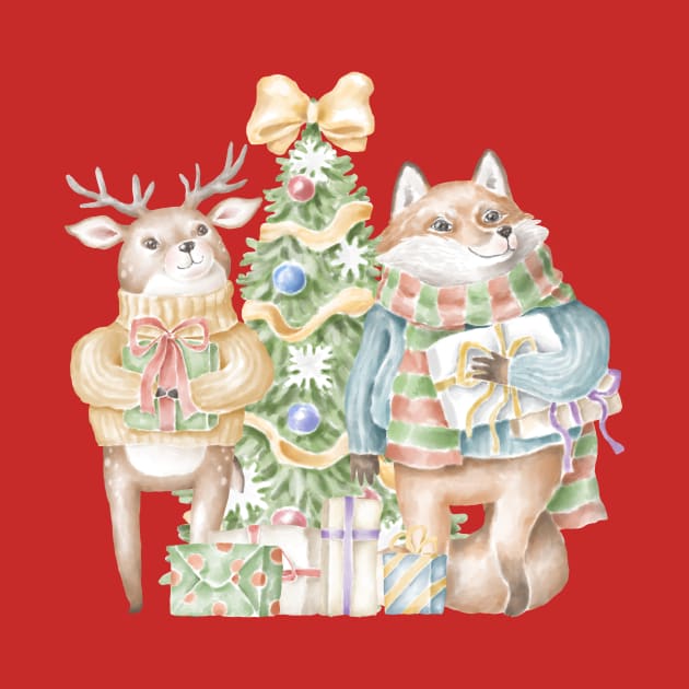 cute fox and deer with presents in front of christmas tree by waltzart