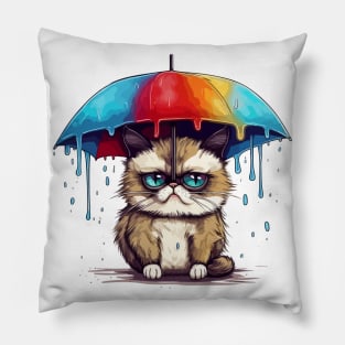 Cute anime kitty with a rainbow umbrella Pillow
