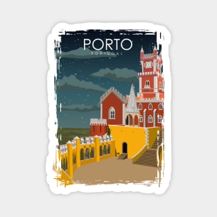 Porto Portugal Vintage Minimal Retro Travel Poster at Night Magnet
