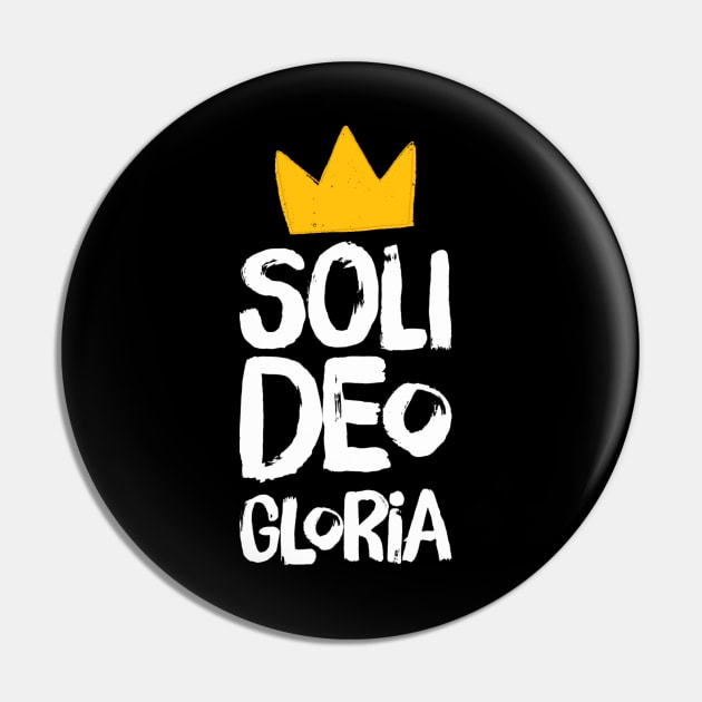 Soli Deo Gloria (All the Glory to God) distressed white text and yellow crown Pin by Selah Shop