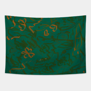 Green textured with orange flowers Tapestry