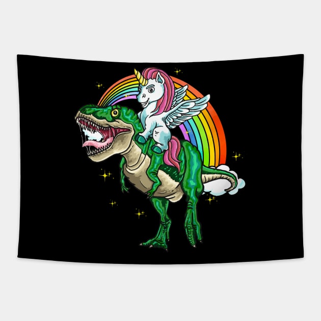 Unicorn Rides On T-Rex Funny Kids Men Gift Tapestry by Foxxy Merch