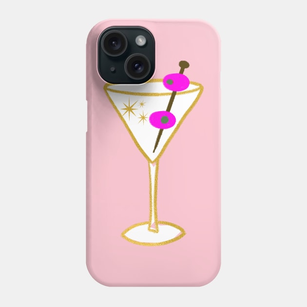 Glam Retro Faux Gold Martini Cocktail Drink Glass With two Pink Olives Illustration Phone Case by LittleForest