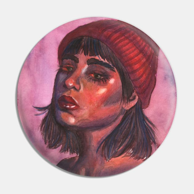 Pink tinted girl with a beanie Pin by SosiCreatesArt